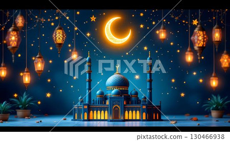 A blue background featuring an Islamic mosque, adorned with a crescent moon and stars, representing Ramadan A blue background featuring an Islamic mosque, adorned with a crescent moon and stars, representing Ramadan 130466938