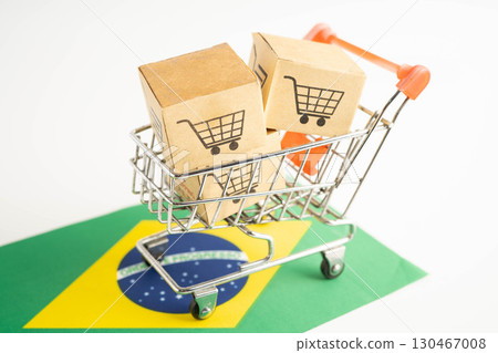 Online shopping, Shopping cart box on Brazil flag, import export, finance commerce. 130467008
