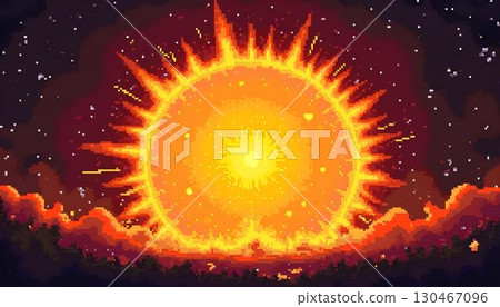An artistic pixel depiction of a sun and solar flare, illustrating their brilliance in the cosmic expanse An artistic pixel depiction of a sun and solar flare, illustrating their brilliance in the cosmic expanse 130467096