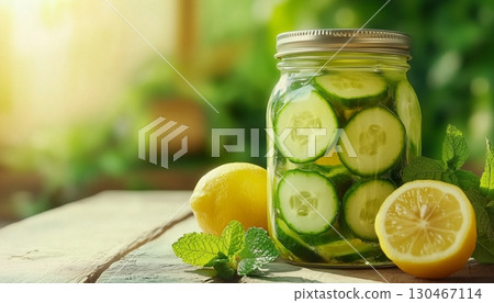A glass jar filled with orange slices, mint and cucumber in wooden table 130467114