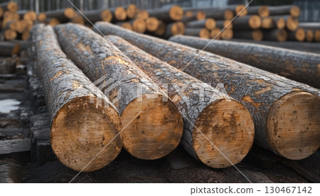 Pile log lumber sawn tree from replanted forests for wooden industry furniture 130467142