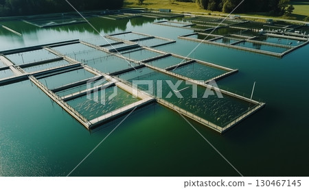 Fish farming ponds in the sea water ocean blue aerial view 130467145