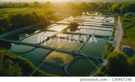 Fish farming ponds in the sea water ocean blue aerial view 130467146