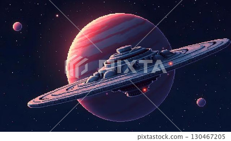 A pixel art spaceship journeying through a starry expanse filled with bright planets 130467205