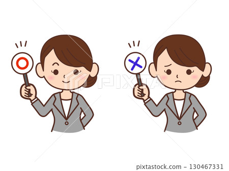 一位商務人士手持圓圈和十字架的插圖 一位身穿西裝的女士的插圖 一位商務人士手持圓圈和十字架的插圖 一位身穿西裝的女士的插圖 130467331
