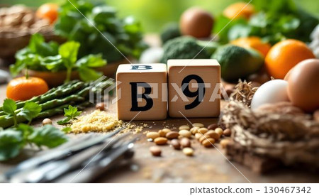 An assortment of nutritious foods rich in vitamin B9, a vital nutrient critical for maintaining health 130467342