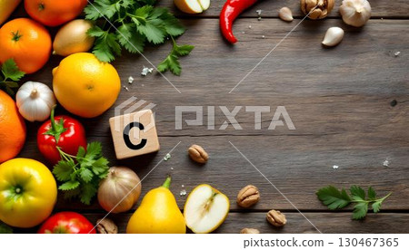A colorful collection of fruits and vegetables wraps around the letter C, symbolizing foods that are high in vitamin C A colorful collection of fruits and vegetables wraps around the letter C, symbolizing foods that are high in vitamin C 130467365