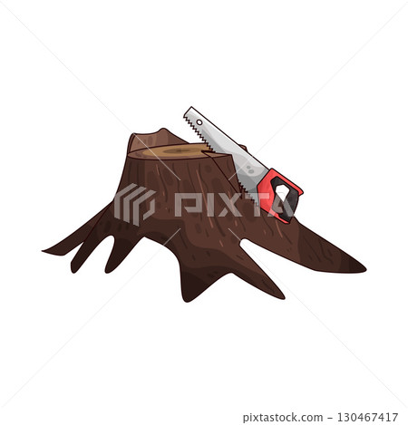 illustration of saw sawing tree stump 130467417