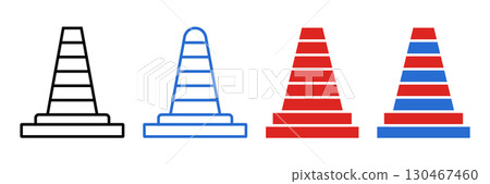 Traffic Cone Icons in Black, Blue, and Red. Traffic Cone Icons in Black, Blue, and Red. 130467460