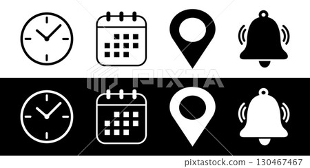 Time Management Icons clock, calendar, location pin and notification bell. Time Management Icons clock, calendar, location pin and notification bell. 130467467
