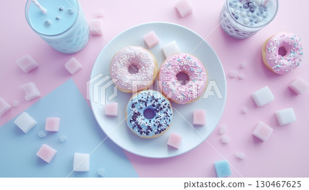 Donut and sugar cube sweet snack for party time on white plate flat lay background 130467625