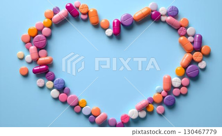 A heart shape formed by colorful pills on a light blue background, representing compassion in healthcare and wellness A heart shape formed by colorful pills on a light blue background, representing compassion in healthcare and wellness 130467779