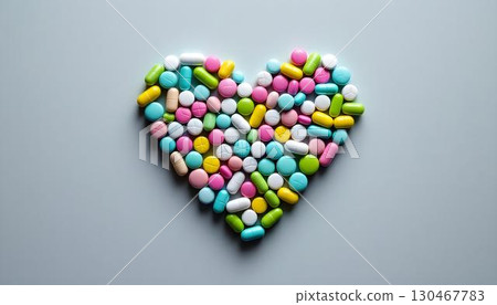 A heart-shaped display of colorful pills on a gray background, underscoring the significance of health and well-being A heart-shaped display of colorful pills on a gray background, underscoring the significance of health and well-being 130467783