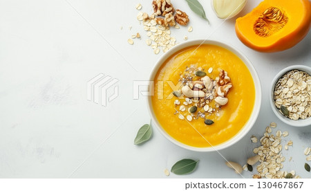 Creamy squash oat real food homemade porridge on white bowl copy space background Creamy squash oat real food homemade porridge on white bowl copy space background 130467867