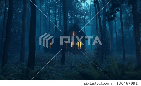 Dark house villa in forest scary mystery building blue dramatic effect Dark house villa in forest scary mystery building blue dramatic effect 130467991