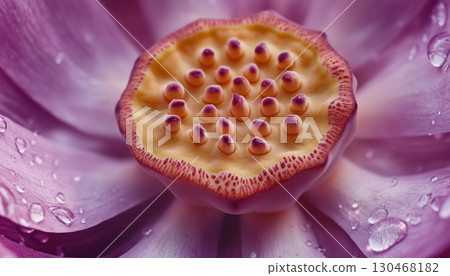 Lotus pink flower macro photo closeup foliage petal nature background 130468182