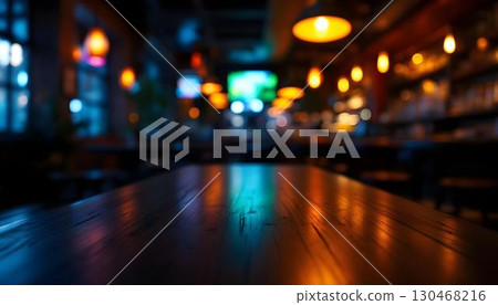 A cafe scene showcasing an empty table with blurred lights behind it, ideal for a product display mockup 130468216