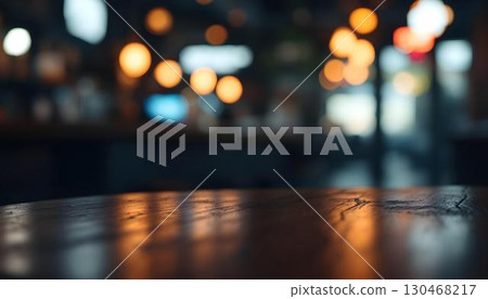 An empty product display table set in a cafe, with soft bokeh lights in the background enhancing the ambiance 130468217