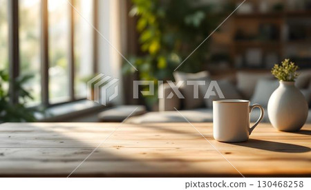 An empty wooden table positioned before a couch in a blurred living room, perfect for showcasing product mockups 130468258