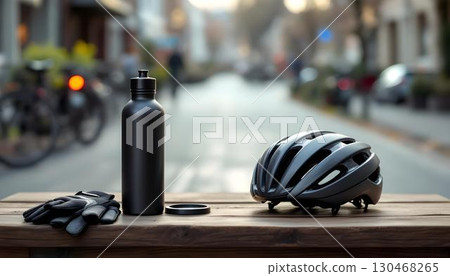 A bicycle helmet, gloves, and a water bottle displayed on a blurred table, evoking a sense of spring cycling and outdoor fun 130468265