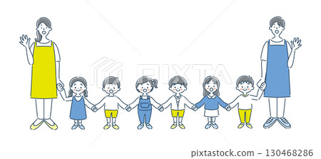 一個女孩和男孩幼兒園兒童和保育老師微笑著手牽手的插畫素材 130468286