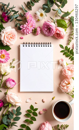 壁紙背景簡單，散落著鮮花，中間放著一本記事本 130468297