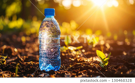 A transparent plastic bottle with water droplets lit by the summer sun A transparent plastic bottle with water droplets lit by the summer sun 130468328