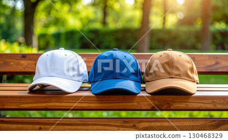 Three white, blue and brown caps lined up on a wooden bench 130468329