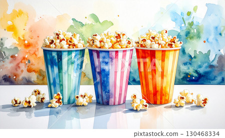 彩色紙杯中的爆米花和背景 彩色紙杯中的爆米花和背景 130468334