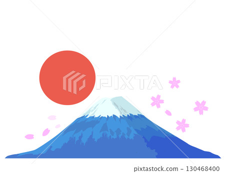 Illustration of Mount Fuji with the rising sun and cherry blossoms dancing Illustration of Mount Fuji with the rising sun and cherry blossoms dancing 130468400