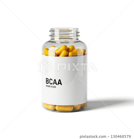 BCAA supplement bottle with yellow capsules 130468579