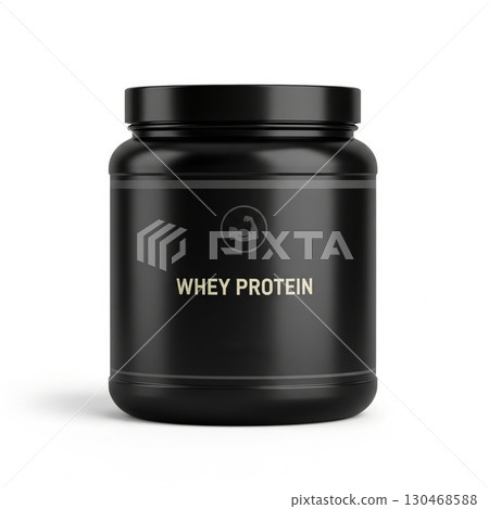 Black whey protein jar isolated on white 130468588