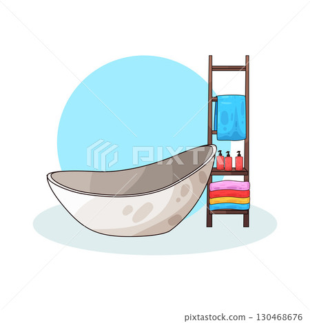 illustration of bathtub and storage shelf 130468676
