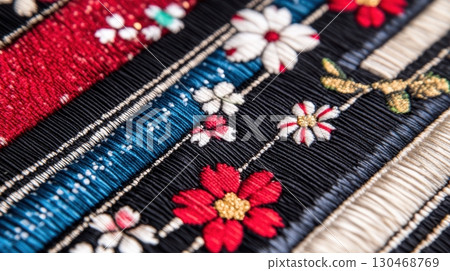 Colorful embroidered fabric showcasing intricate floral designs, ideal for traditional clothing and crafts Colorful embroidered fabric showcasing intricate floral designs, ideal for traditional clothing and crafts 130468769
