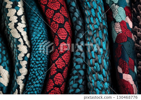 Colorful woven ropes displayed in a close-up arrangement highlighting textures and patterns in a market setting 130468776