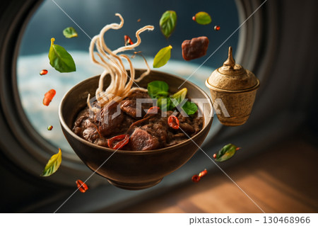 AI generated Thai boat noodles with beef, chili, and basil floating in zero gravity. Set against Earth backdrop, the scene evokes whimsical, surreal feeling with cinematic lighting and high detail. 130468966