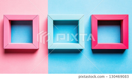 Colorful wooden frames arranged on a vibrant split background highlighting creativity and design elements 130469083