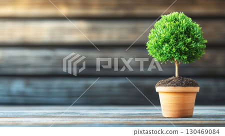 Small green tree in a pot placed on a wooden surface with a blurred background in a cozy indoor setting 130469084