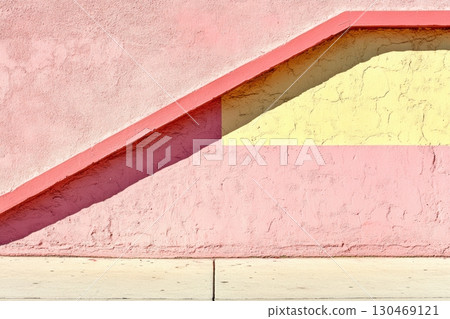 Colorful geometric design of a wall and steps in bright pink and yellow tones during daylight Colorful geometric design of a wall and steps in bright pink and yellow tones during daylight 130469121