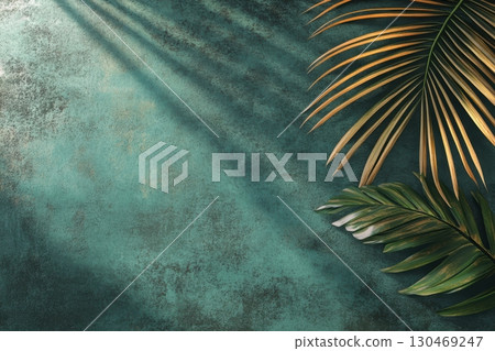 Lush tropical leaves casting shadows on a textured teal surface in a serene indoor setting Lush tropical leaves casting shadows on a textured teal surface in a serene indoor setting 130469247