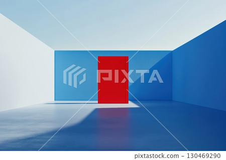Bright red door stands out against blue and white walls in modern, minimalistic interior space 130469290