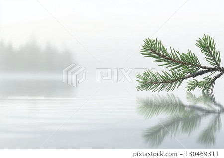 Calm waters reflect a pine branch in a tranquil misty landscape at dawn 130469311