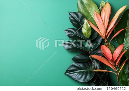 Colorful tropical leaves arranged on a vibrant green background showcasing natural beauty 130469312