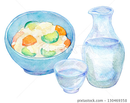 Watercolor illustration: Cold sake and potato salad 130469358