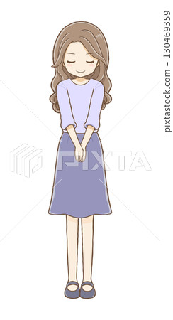 A woman with long wavy hair bows (full body) 130469359