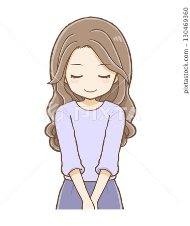 A woman with long wavy hair bows (upper body) A woman with long wavy hair bows (upper body) 130469360