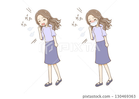 咳嗽的長波浪髮女性（戴或不戴口罩）全身 130469363