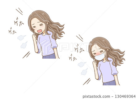 Coughing woman with long wavy hair (with or without mask) upper body 130469364