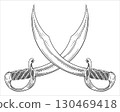 Curved vector silhouette of arabian sword. Cold weapon. two crossed pirate sabers. Corsair broadsword with wide blade in engraving technique. Imitation of engraving on white background. 130469418