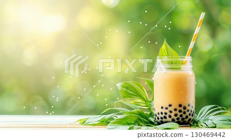 Refreshing iced tea with tapioca pearls in a glass jar on a wooden table. Refreshing iced tea with tapioca pearls in a glass jar on a wooden table. 130469442